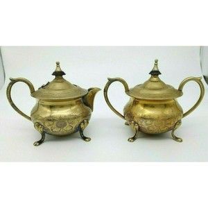 Brass Creamer Sugar Pot Set of 2 Stamped EPNS  Etched Footed India Vintage